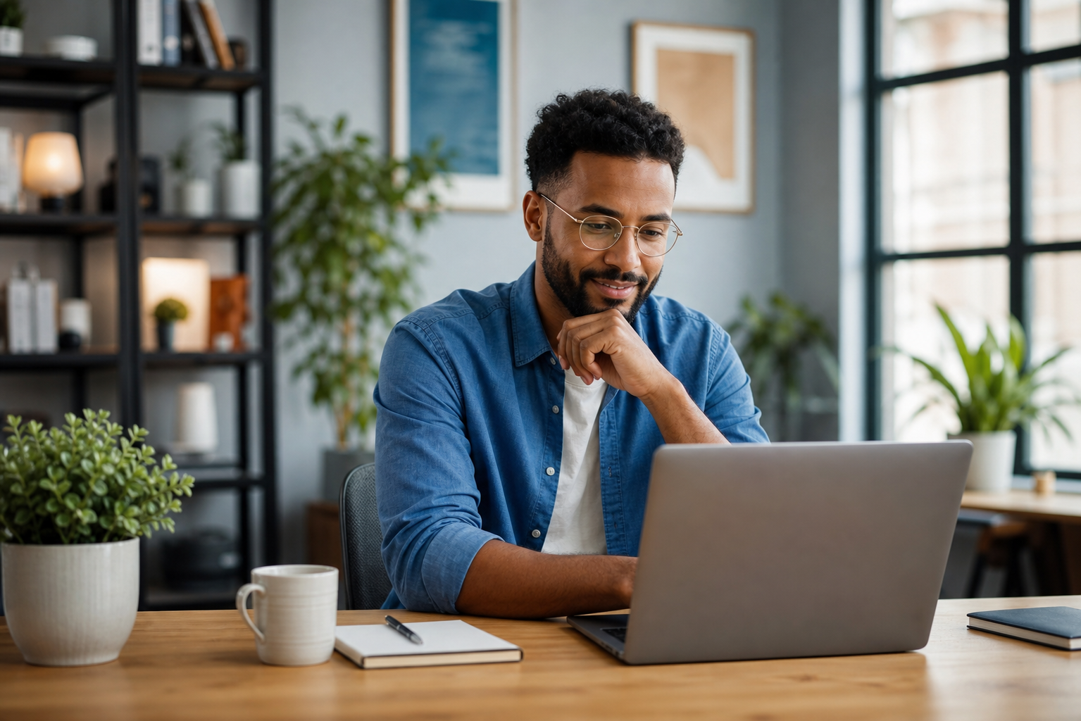 Employee on Computer Smiling