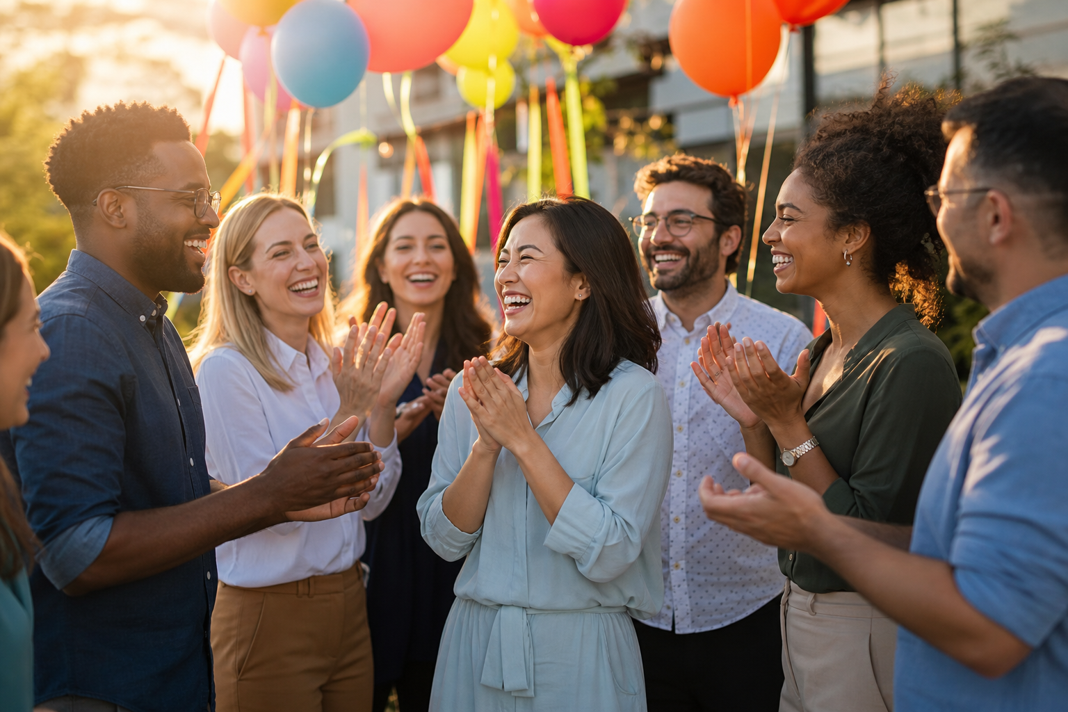 Excited Group Celebrating with Balloons Excited Group Celebrating with Balloons