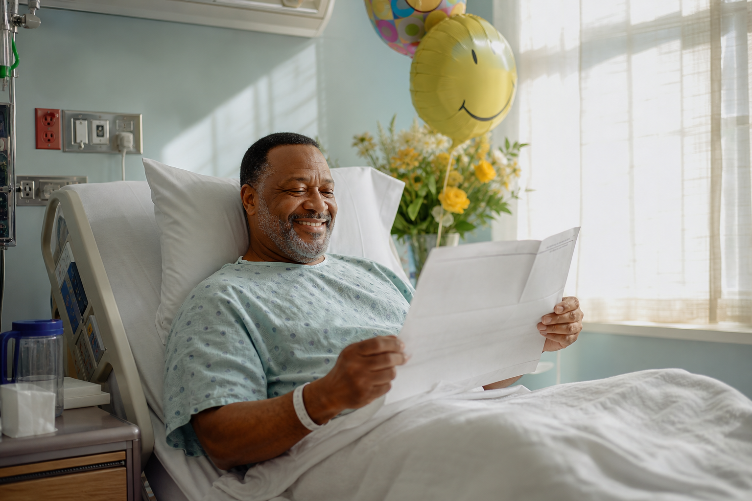 Smiling Patient Opening Cheque In Hospital Bed Smiling Patient Opening Cheque In Hospital Bed